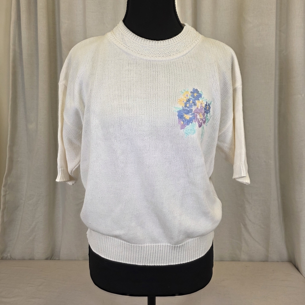 Vintage Floral Embroidered Knit Sweater Medium Cottagecore